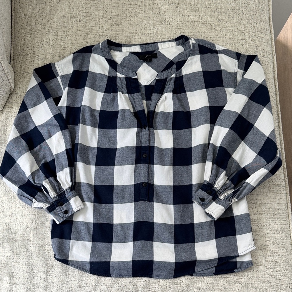 J. Crew Navy and White Plaid Blouse